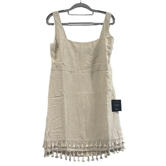 Chic Beige Cream Linen Pom Pom Women’s Midi Dress Lulu’s Boho Large - Picture 2 of 16